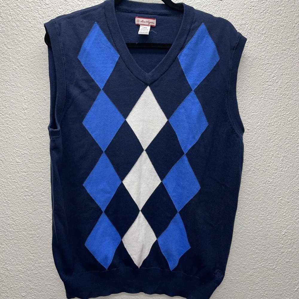 Ben Hogan Argyle Diamond Golf Vest Lg. 100% Cotton Blue/White